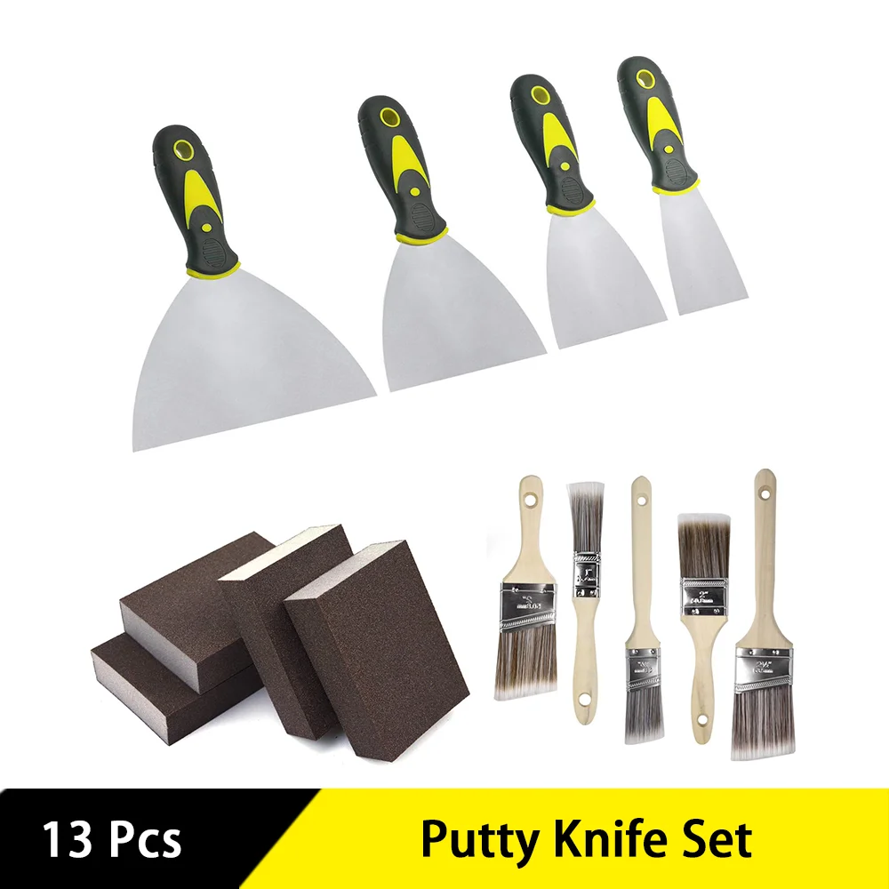 13 Pcs Putty Knife Set Stainless Steel Paint Scraper Tool for Removing Wallpaper Sanding Sponge Paint Repairing Drywall Applying