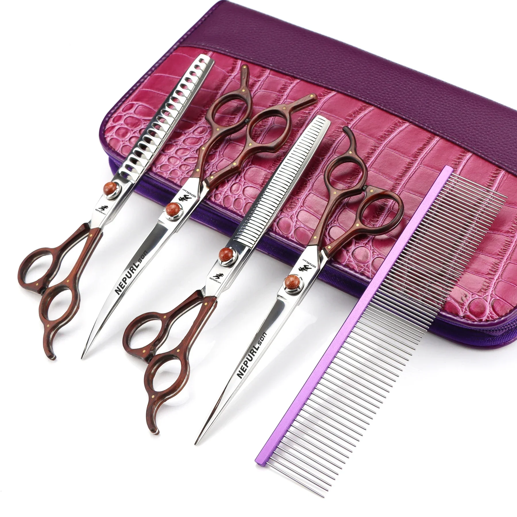 

7.0 inch vg-10 brown wood Veterinary Animal Shaped Scissors Pet Grooming Scissors Pet Fishbone Teeth 4 scissors set
