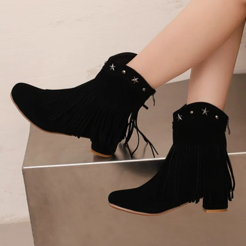 

2025 Winter New Fashion Brown Black Women Ankle Tassel Boots Round Toe Med Heel Lady Shoes Plus Small Big Size