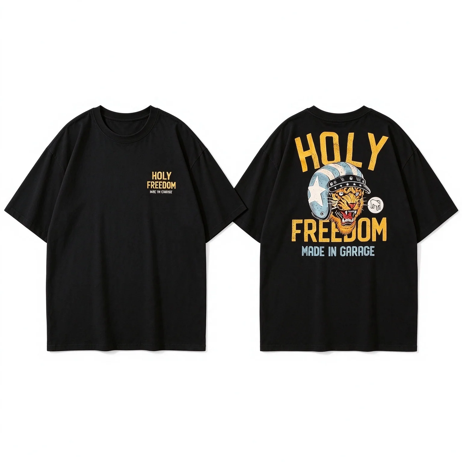 Holy Freedom Tiger Helmet Biker Vintage Graphic Tee T Shirt Men's Women's Unisex Cotton Retro Cool Oversized Short Sleeve Top