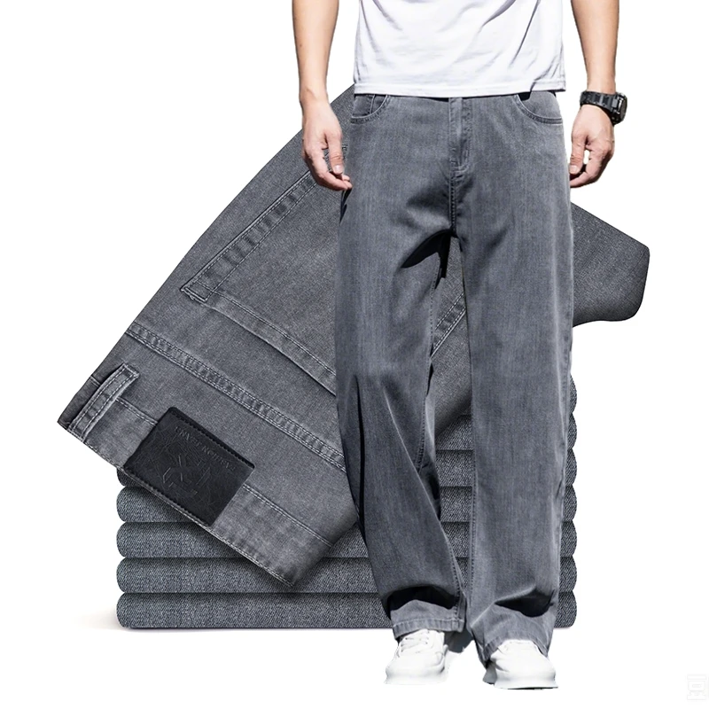 Plus Size Pants 2026 Summer Brand Lyocell Stretch Men's Straight Loose Jeans Business Casual Office Thin Full Length Trousers