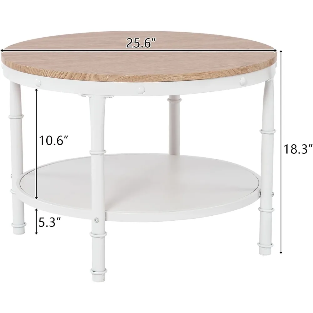 Tavolino da caffè rotondo da fattoria a 2 livelli bianco naturale con contenitore per accenti di soggiorno e camera da letto