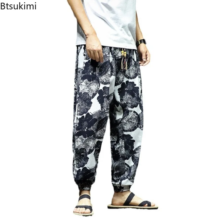 Summer Cotton Linen Pants 2025 Men's Fashion Harajuku Harem Pants Casual Hip Hop Streetwear Male Vintage Baggy Joggers Pants 5XL