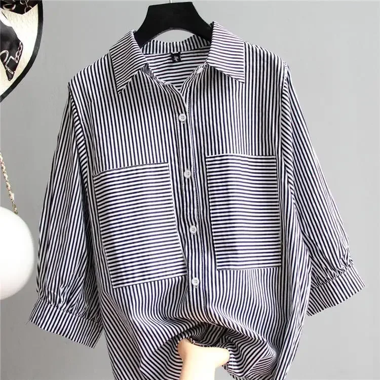 Women Shirt Blouse Striped Shirt Top Women\'s Autumn Three-Quarter Sleeve Large Size Shirt Blusas Mujer De Moda