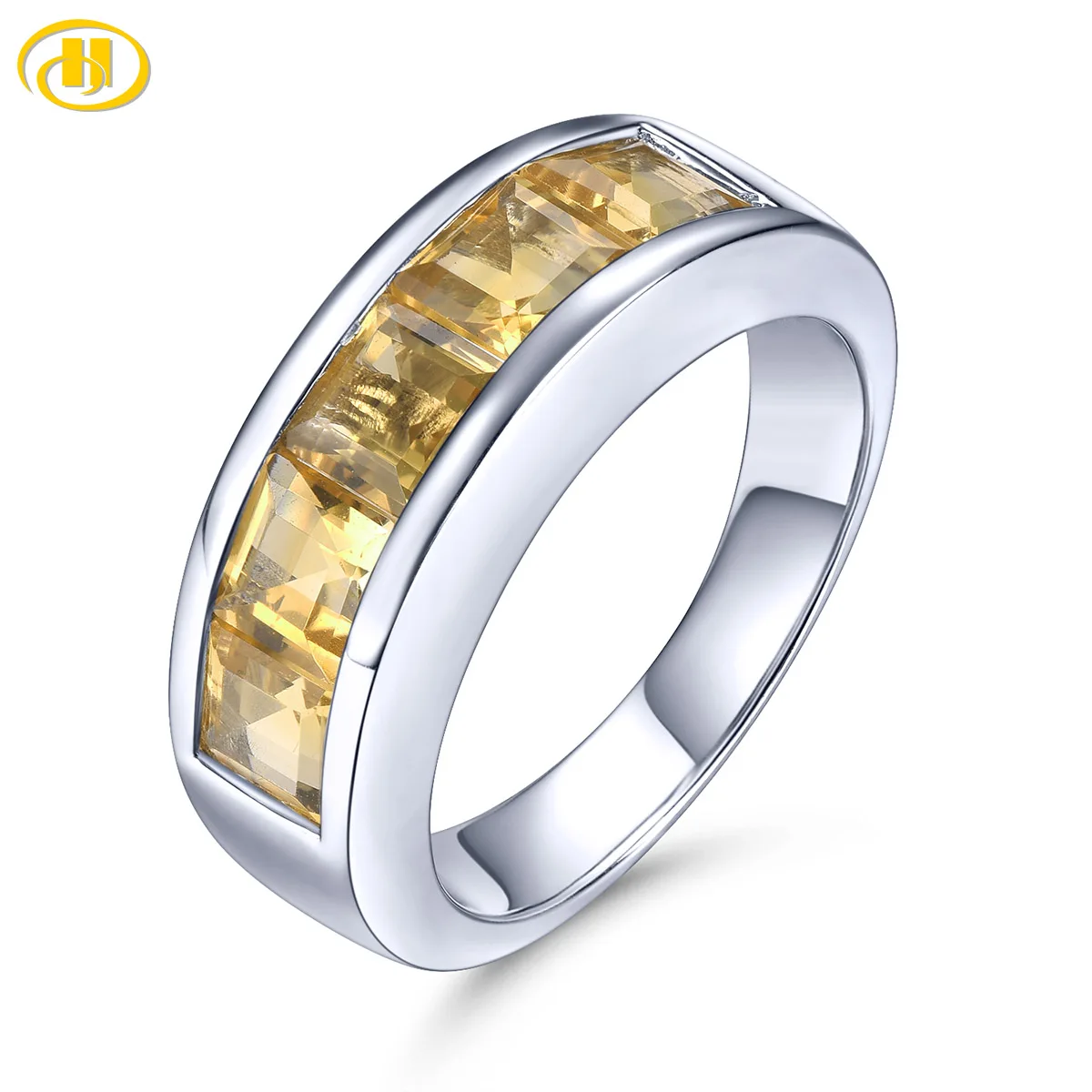 Natural Citrine Unisex Solid Silver Ring 3.25 Carats Square Cut Yellow Crystal S925 Jewelry Lover\'s Band for Anniversary Gifts