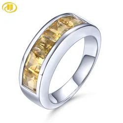 Natural Citrine Unisex Solid Silver Ring 3.25 Carats Square Cut Yellow Crystal S925 Jewelry Lover's Band for Anniversary Gifts