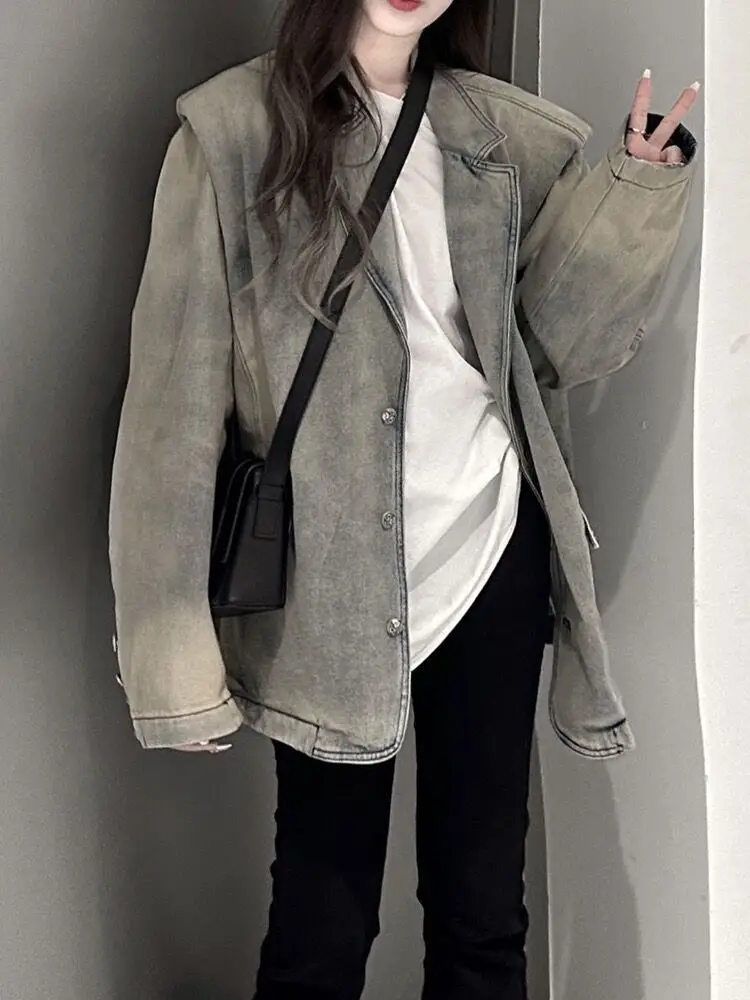Abrigo vaquero único Primavera Verano mujer chaqueta mujer otoño abajo botón profesional con muescas con cuentas fajas funcionales Casual