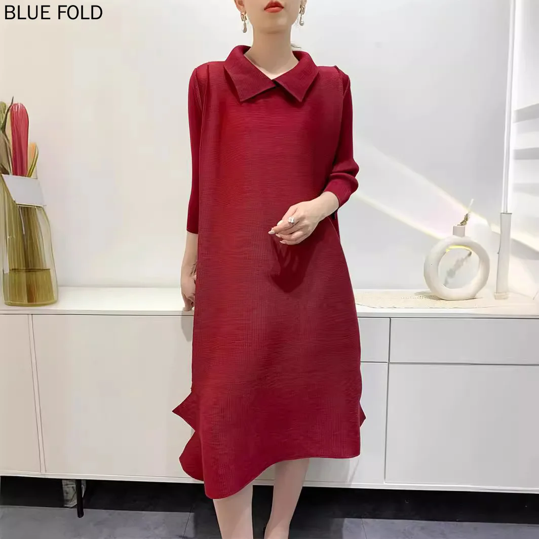 MIYAKE PLEATS Spring and Autumn New Style Pleated Dress Women's Loose Large Size Mid-length Three-quarter Sleeves Vestido Robe