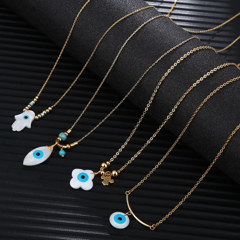 Joyería con dijes, concha de mar de alta calidad, palmera, ojo de caballo, trébol, ojos azules redondos, chapado en oro de 18k, exquisitos collares con colgante de clavícula