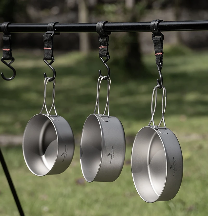 Boundless Voyage Foldable Handle Titanium Cookware Kit Titanium Pot Pan Bowl Set for Outdoor Picnic And Camping Tableware