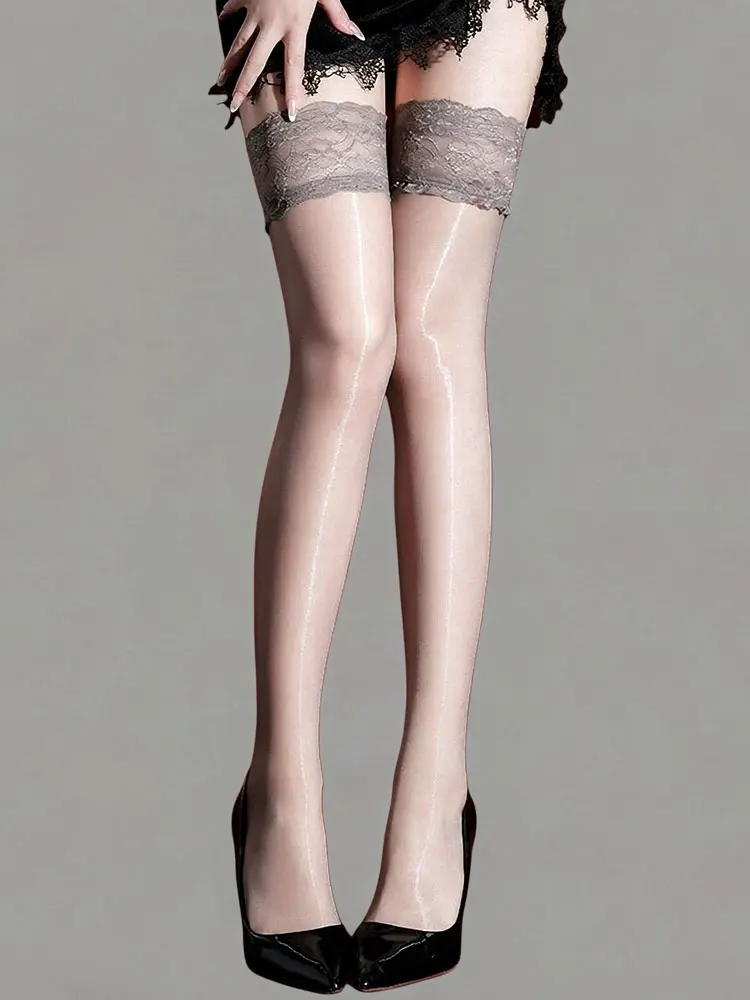 Women's Fashion Printing Stockings 5D Ultra Thin Lace Top Thigh High Elastic Leg Socks Oil Shiny Glossy Anti Slip Nightclub Tigh