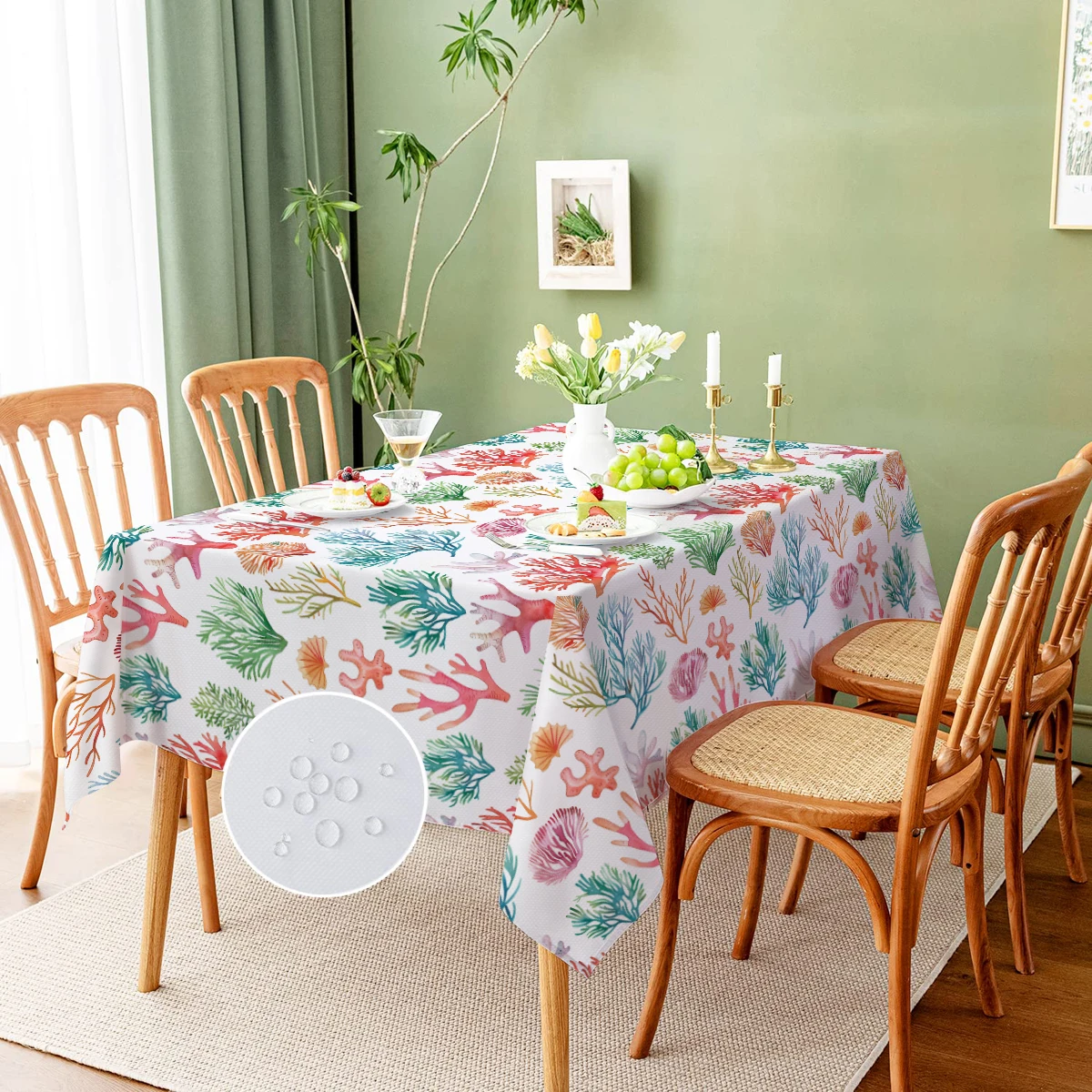 Marine Coral Watercolor Fish Rectangle Decoration Tablecloth Waterproof Durable Table Cloth Kitchen Dining Room Home Decor