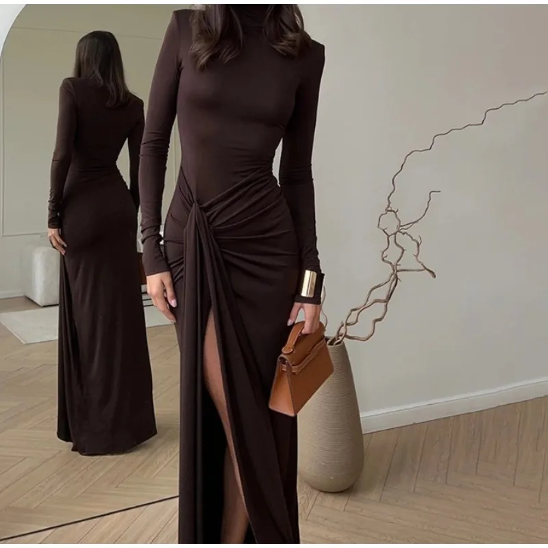 

2025 Fall/Winter Fashion Women's High-neck Long Sleeve Splicing Strap Waist Slim Temperament Solid Color Dress Women