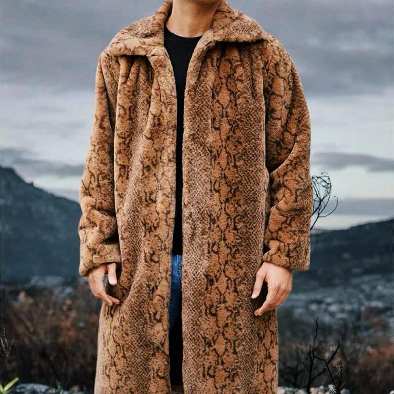 Engrossar manter quente solto cobra padrão jaquetas casaco 2025 pele de inverno fofo casacos longos jaqueta outerwear dos homens pele do falso leopardo topos