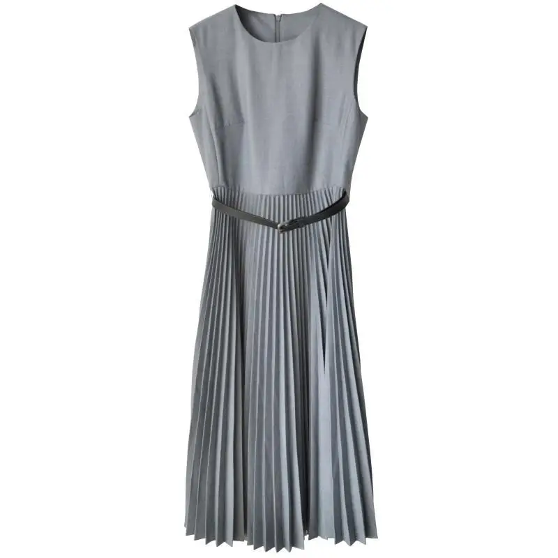 

Elegant Dress Lady 2022 Summer Slim Waist Pleated Dress Temperament Women Back Zipper Closed Gray One Piece Tank Dresses