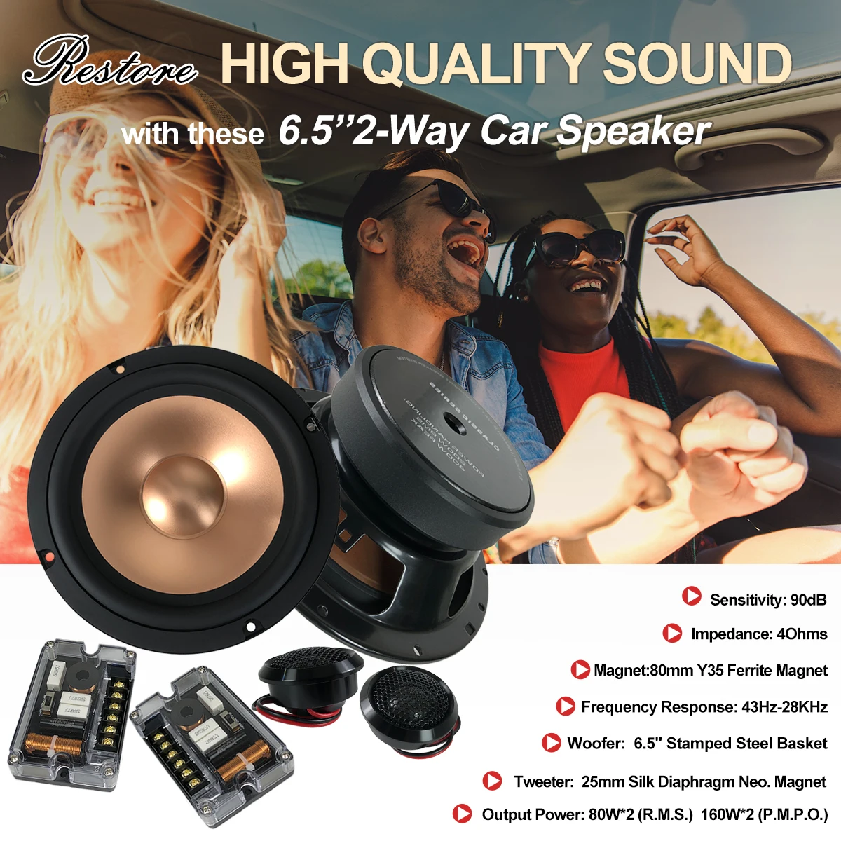 2-way 6.5inch Car Audio Component Speaker With 2*RMS power 80W-woofer + silk dome Neodymium magnet-tweeter speakers & crossovers