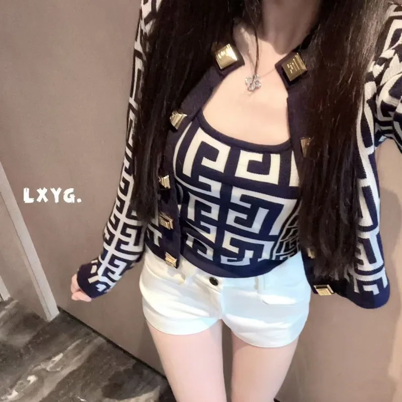 

Women Clothing Spring Autumn Fashion Simplicity All-match Printing Sling Female Knitting Temperament Sweater Cardigan Two-piece