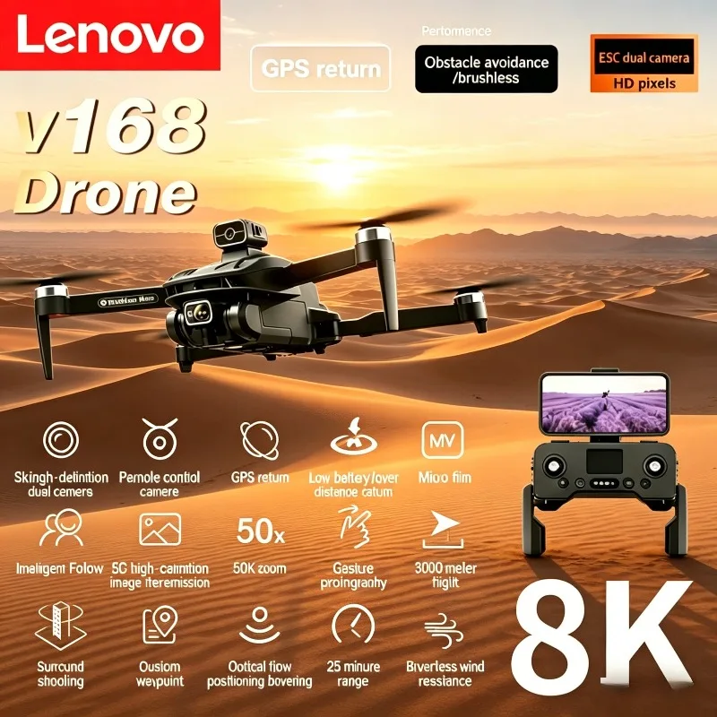 

Квадрокоптер Lenovo V168 GPS 8K с тремя камерами, широкоугольным объективом, оптической локализацией и четырехсторонним обходом препятствий