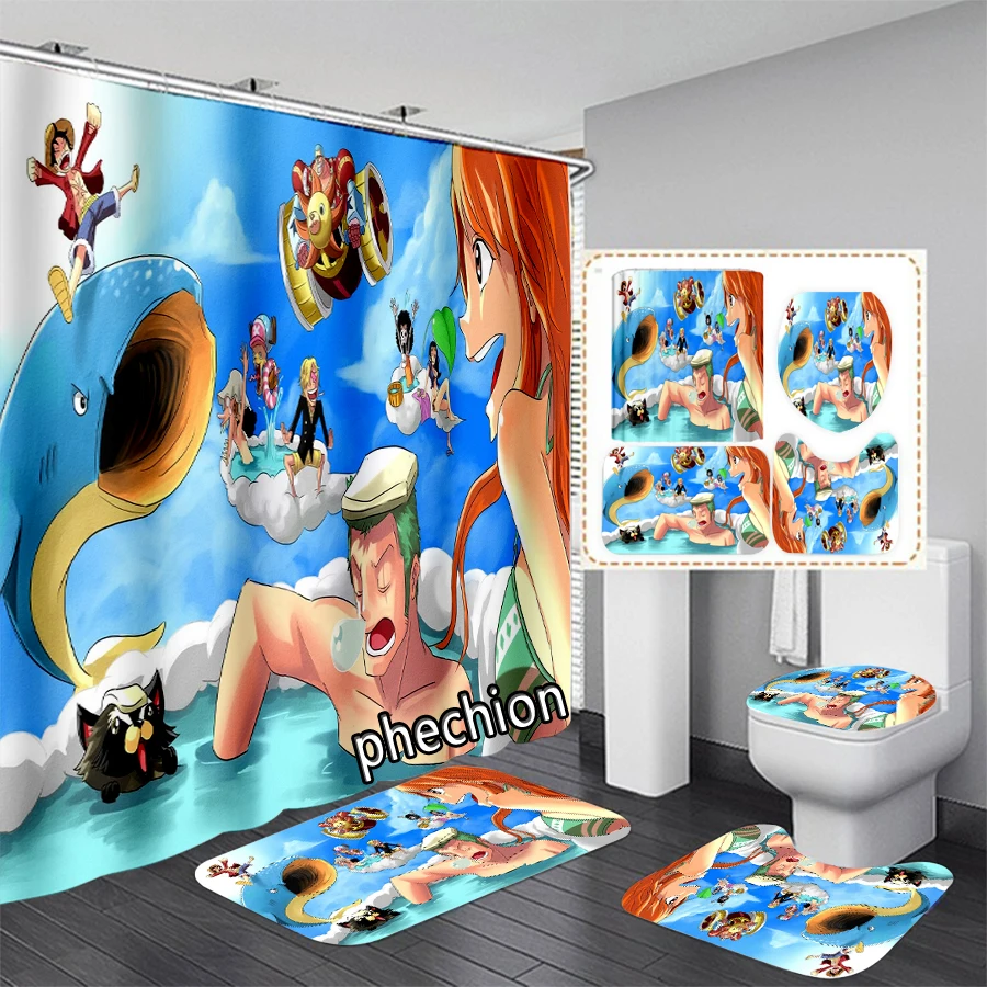 New Anime One Piece 3D Print Shower Curtain Waterproof Bathroom Curtain Anti-slip Bath Mat Set Toilet Rugs X33