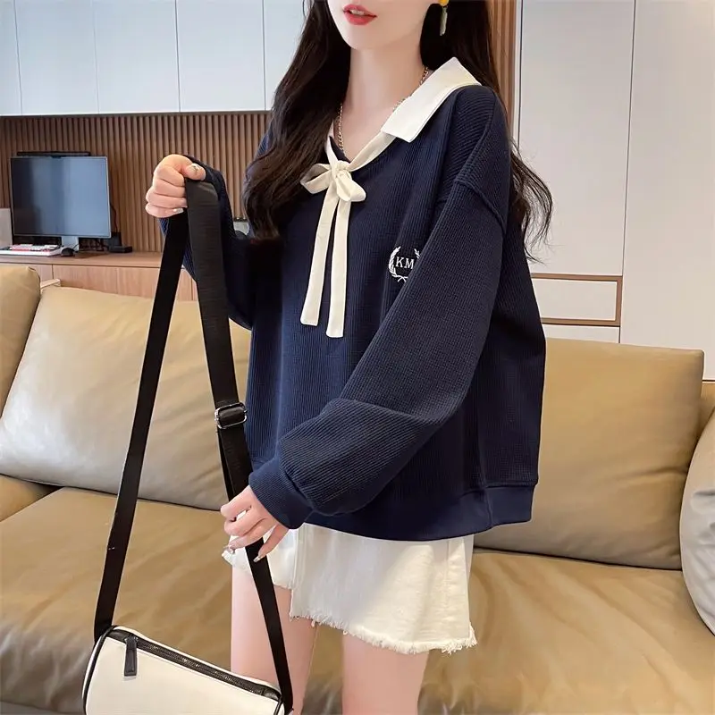 Korean Basic Polo-Neck Spliced Sweatshirts Women\'s Clothing Fashion Embroidery Drawstring Spring Autumn Casual Loose Pullovers