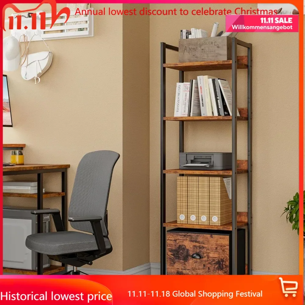 

5 Tier Bookshelf with Drawer, Tall Narrow Bookcase with Shelves, Wood and Metal Book Shelf Storage Organizer, Industri