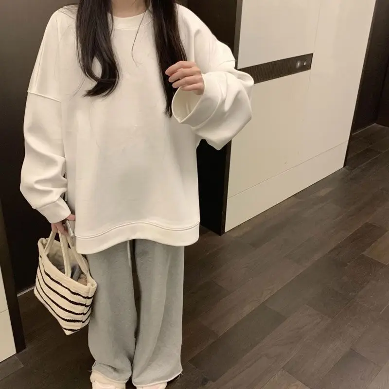 Women Clothing Solid Color O-neck Long Sleeve Sweatshirts Casual Korean Fashion Loose Youth Lively Bright Easy Popularity Wild