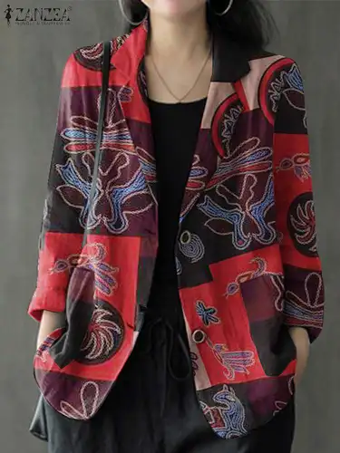 Imagen 2 del producto ZANZEA-abrigos estampados Vintage de manga larga para mujer, Tops finos para mujer, Blazer, Camisa de algodón, prendas de vestir informales, primavera y verano, 2024