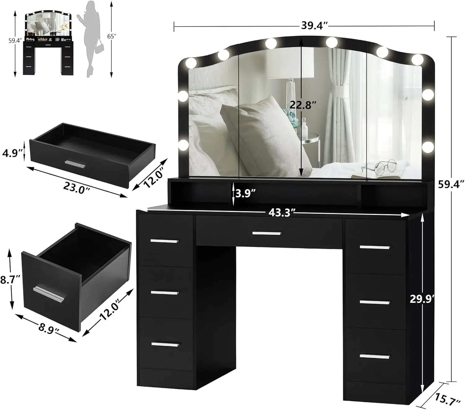 Usikey 43.3 "Vanity Desk con grande specchio illuminato, tavolo da trucco con 7 cassetti e 10 lampadine, 3 colori di illuminazione,