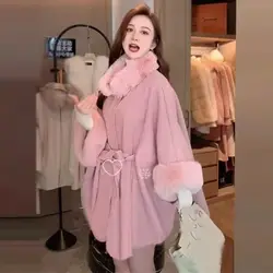 Autumn Winter New Imitation Otter Rabbit Fur Collar Knitted High-grade Imitation Wool Coat Poncho Lady Capes Pink Cloaks