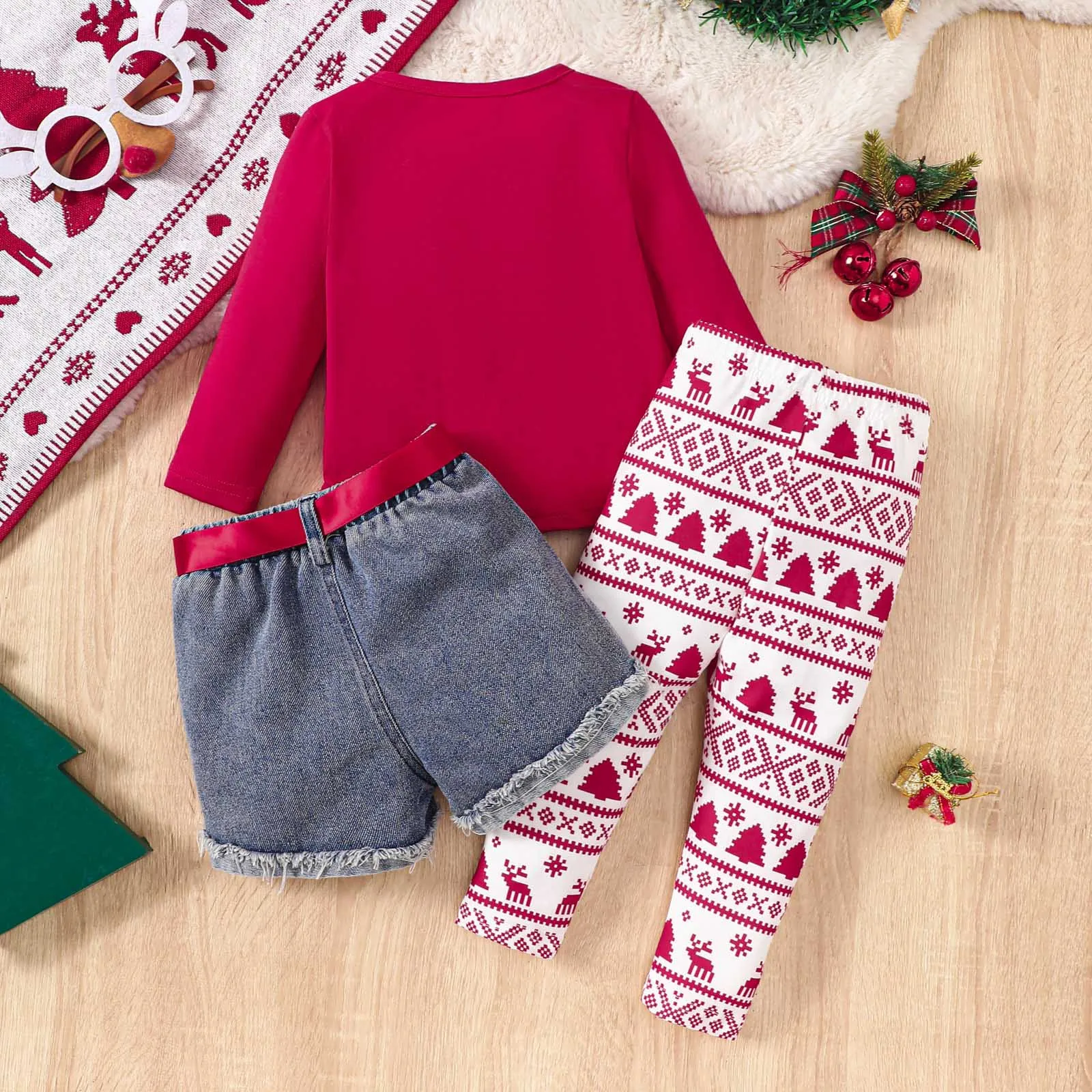 2pcs Toddlers Girls Christmas Outfits Sets Letter Red T-Shirts+Belted Jeans Pants+Xmas Printed Leggings Kids Christmas Clothes