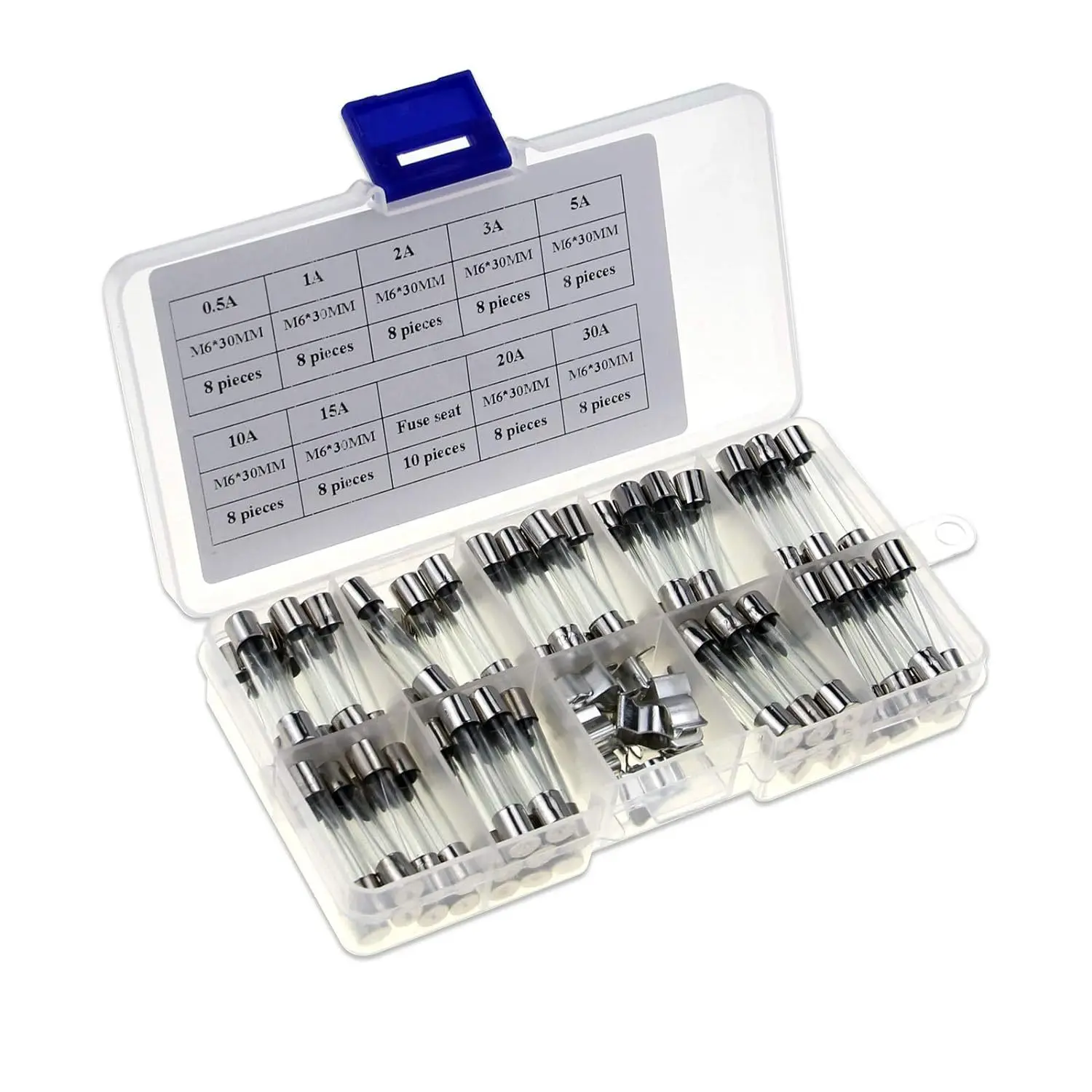 82Pcs Boxed 6×30mm Fast Blow Glass Tube Fuse Assortment 0.5A-30A with Fuse Holders Combo Kit