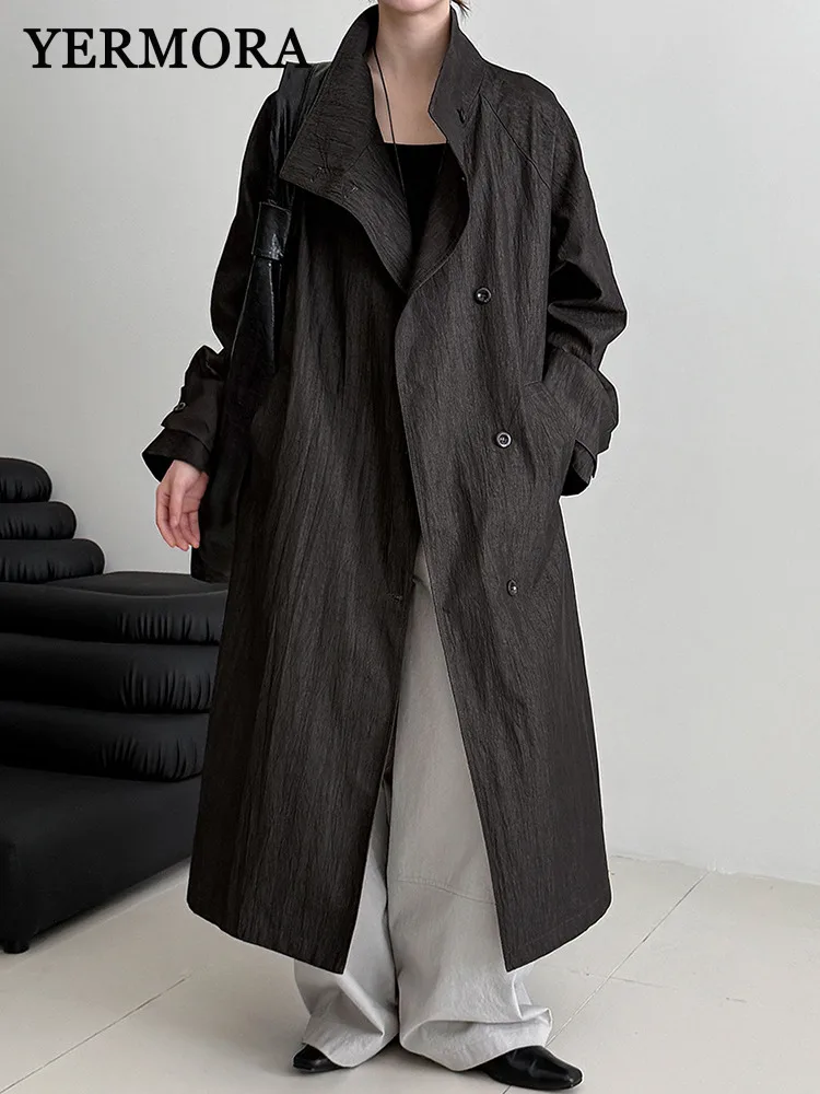 

YERMORA черный бандажный короткий плащ с пряжкой для женщин, воротник-стойка, длинный рукав, свободная новая ветровка, модная весна-осень 2025