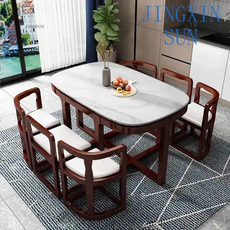 Home Furniture Simple Space Saving Solid Wood Dining Tables Rock Board Dining Tables and Chair Set Rectangular Kitchen Table