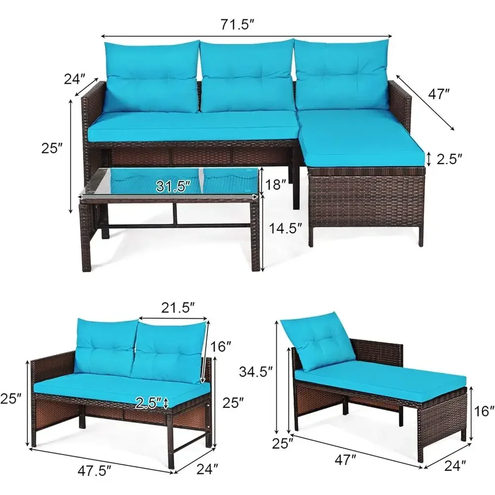 Turquoise 3-Piece Outdoor PE Rattan L-Shaped Sectional Sofa Set with Loveseat, Lounge, and Glass Coffee Table