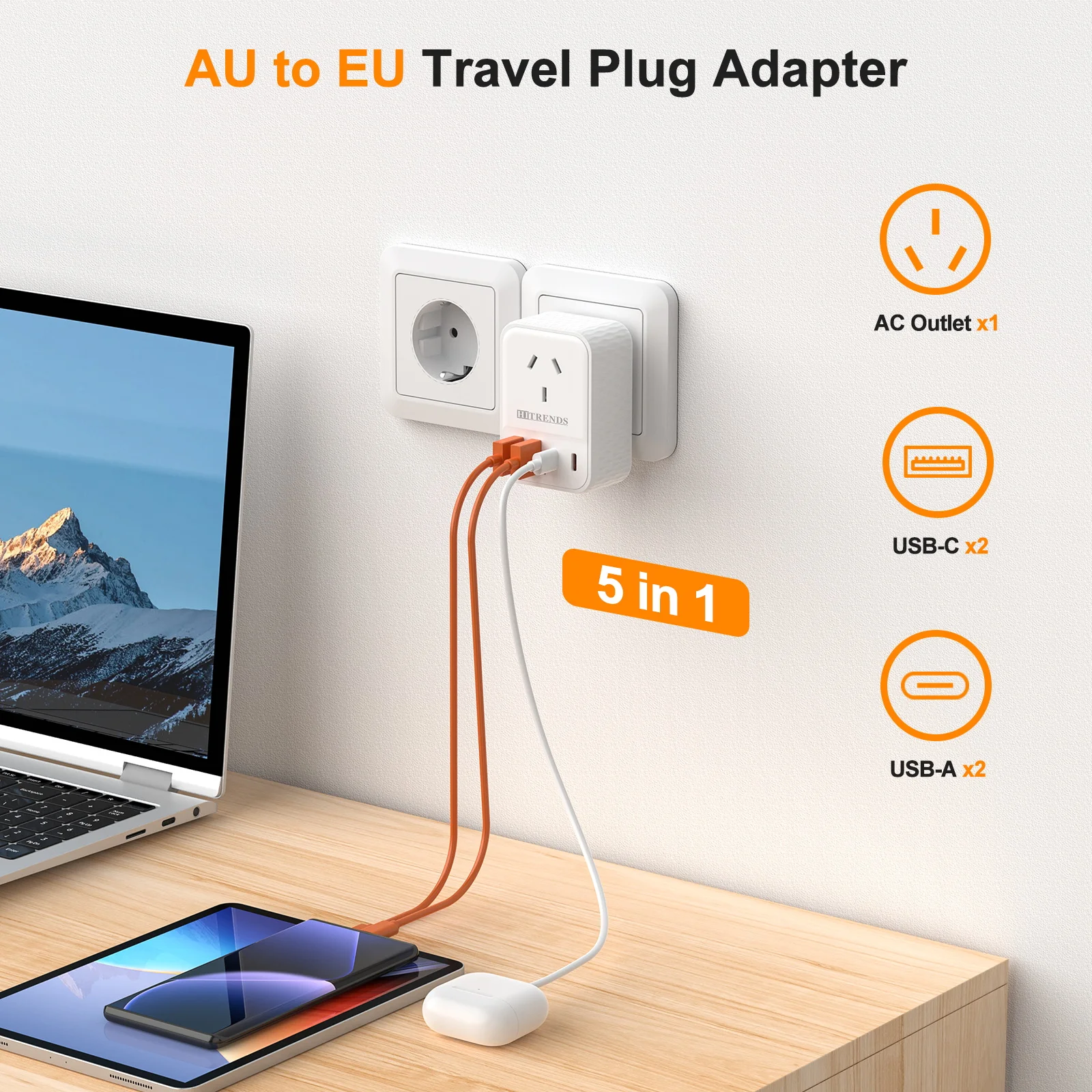 HITRENDS European Travel Adapter, AU to EU Plug Adapter with 2 USB A and 2 TYPE C Ports Europe Ground Outlet to Germany Spain
