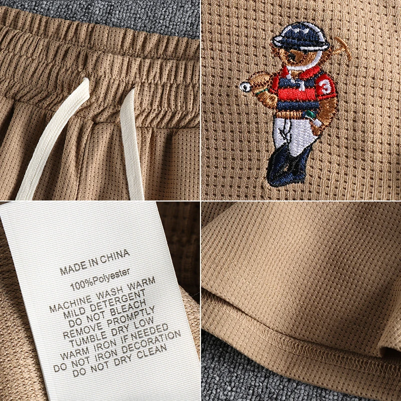 F7030# Summer New American Retro Waffle Bear Embroidery Shorts Men\'s Fashion Loose Elastic Drawstring Sport Casual 5-point Pants