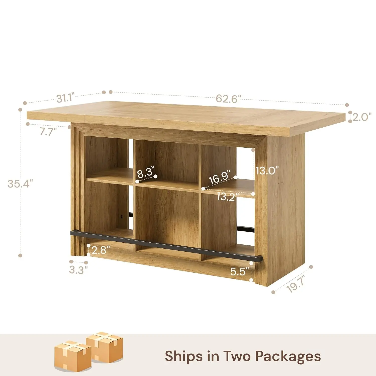 Kitchen Island with Storage & Bar, Farmhouse Style Oak Finish 62.6