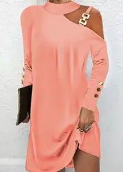 Vestido corto de manga larga con botones para mujer, minivestido elegante y Simple con hebilla de Metal y cuello Halter, para el trabajo, otoño, 2023