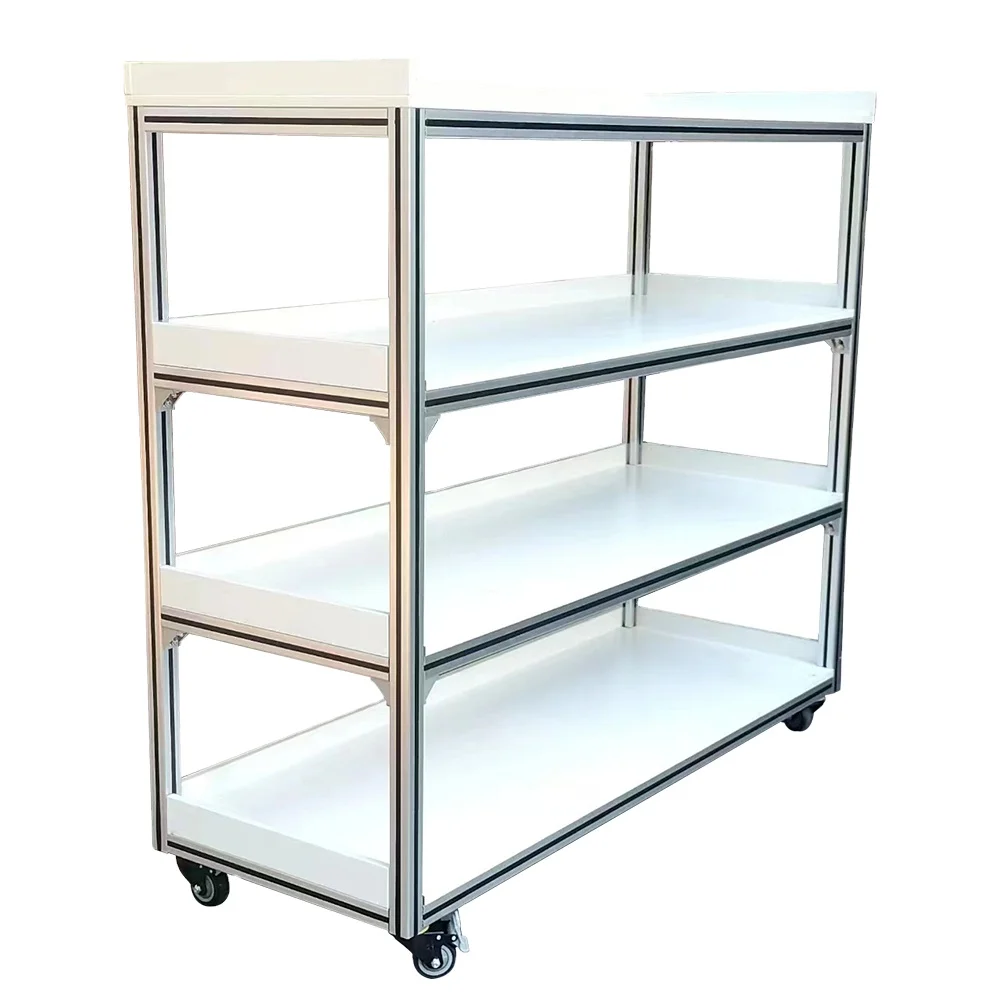 

Customized Movable Display Cabinet 4040 T Slot Aluminum Extrusion Profile Display Case Aluminium Work Shelf Trolley with Wheel