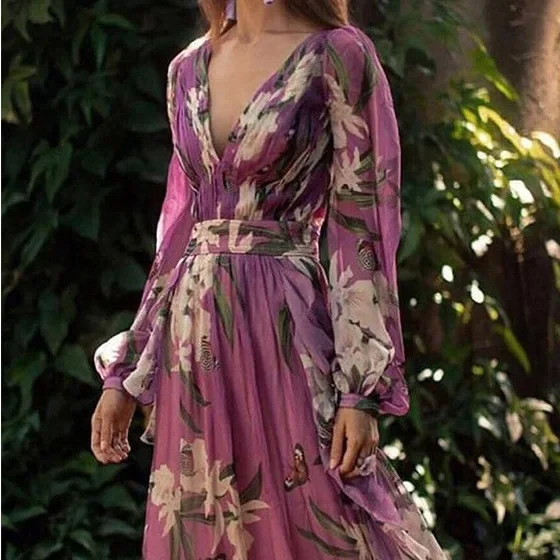 

2024 Summer New Womens Dresses Fashion Printed Women Dress Elegant V-neck Female Long Sleeved Large Swing Skirt