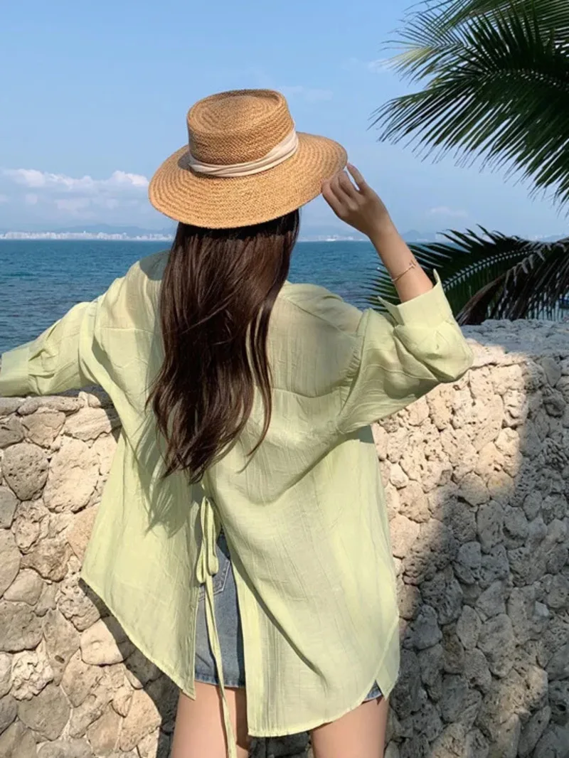 

Thin Long Sleeve Protection Shirt Women Summer Design Split Belted White Shirt Top Trendy Polo Collar Loose Womens Shirts B7WQ