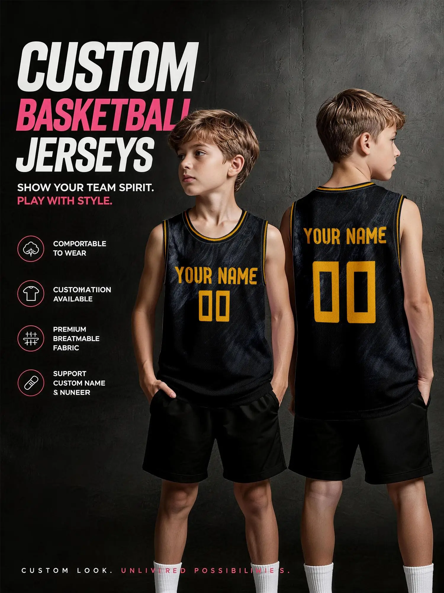 Black‑Textured Gold‑Trim Custom Kids Basketball Jersey, Premium Breathable Mesh Custom‑Print Tank
