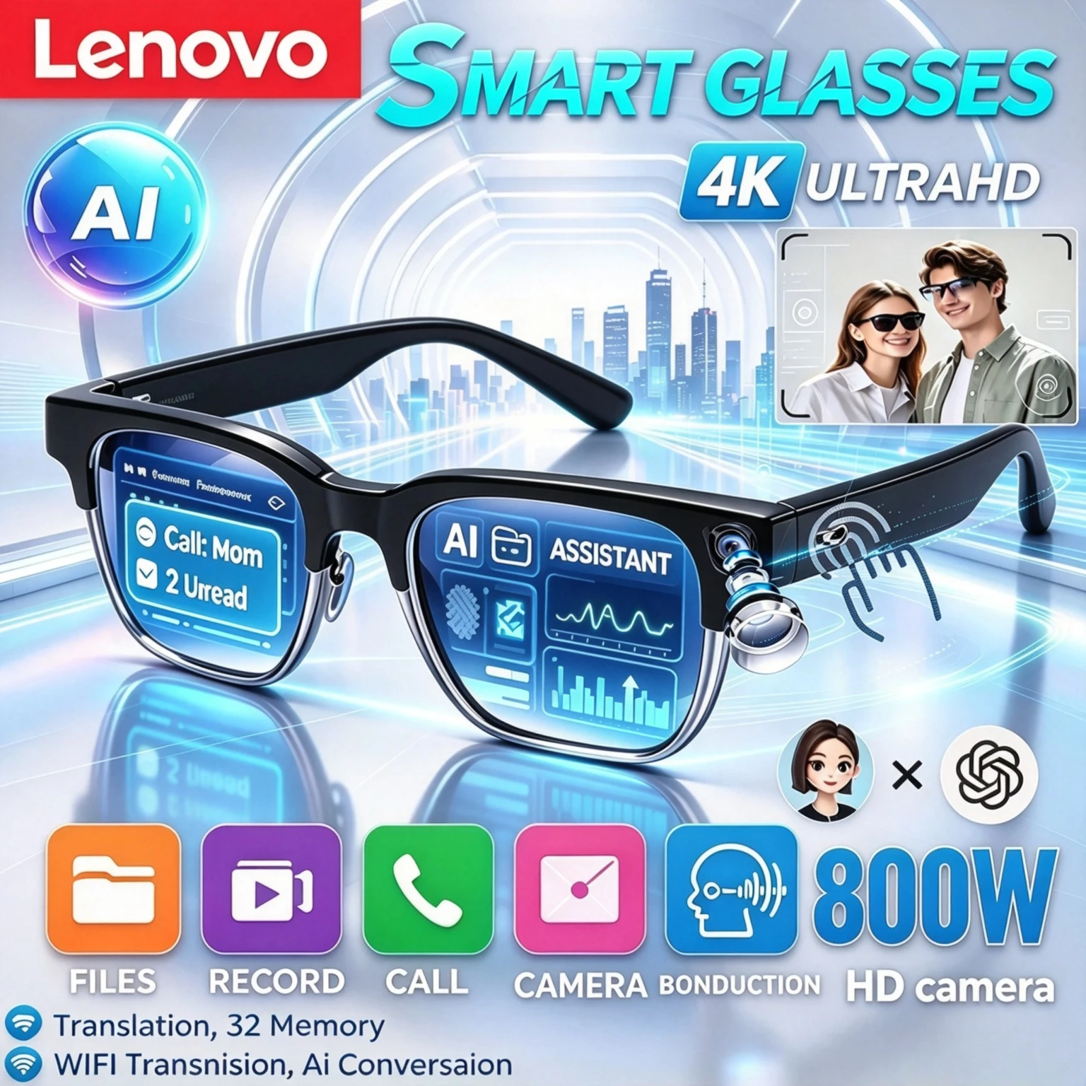 Lenovo 2026 New Smart Glasses AI Translation Bluetooth Conversation Recording Listening To Music Smart Sunglasses for Men Women