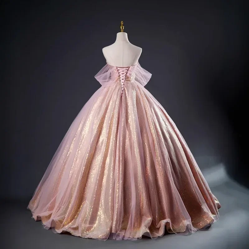 Pink Sequins Ball Gown Prom Dress with Tulle Off Shoulder Formal Dresses for Women Elegant Lace-up Sweet Dresses Sparkle Gown