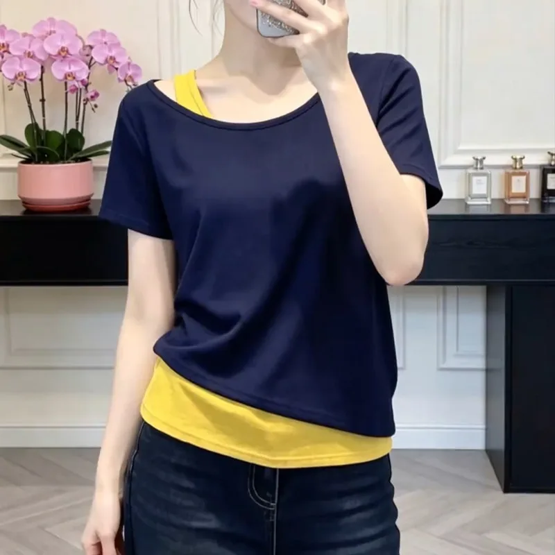 Women's Color Block Off-Shoulder Short Sleeve T-Shirt with Layered Look,Summer Slim Fit Asymmetrical Neckline Top for Daily Wear