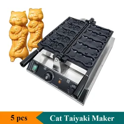 5pcs Non Stick Cat Taiyaki Maker Baker 110V 220V Cat Catch Fish Shaped Waffle Cake Bread Making Machine Stainless Steel Body