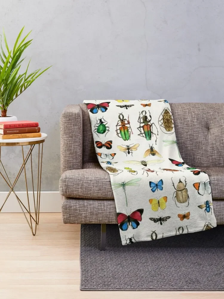 The Usual Suspects - insects on white - watercolour bugs pattern by Cecca Designs Throw Blanket Picnic bed plaid Blankets