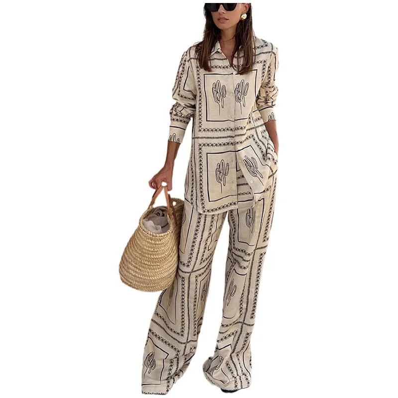 Printed Long-sleeved Shirt Trousers Two-piece Suit Women\'s Summer Clothes Set Pant Sets for Women 2 Pieces Elegant Matching