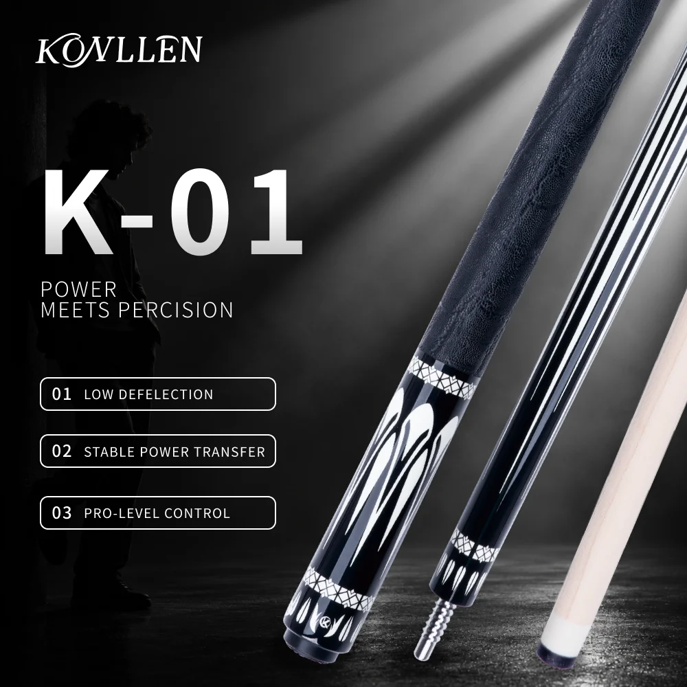 Billiard Pool Cue Stick Carbon Fiber or Maple Shaft Low Deflection Adjustable Weight 58in 3/8x8 Joint 8/9 Ball KONLLEN