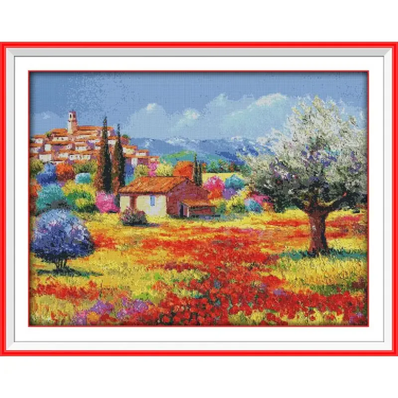 Joy Sunday Pre-printed Cross Stitch Kit  Easy Pattern Aida  Stamped Fabric Embroidery Set-Colorful Rural (1)